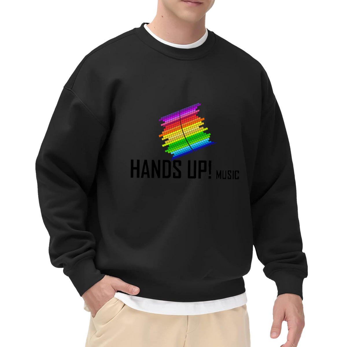 HANDS UP! MUSIC Crewneck Sweatshirt with Rainbow Pixel Music Note Graphic