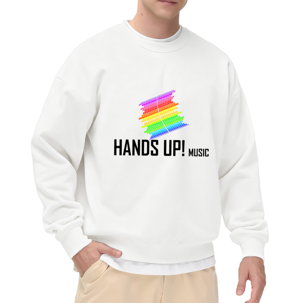 HANDS UP! MUSIC Crewneck Sweatshirt with Rainbow Pixel Music Note Graphic