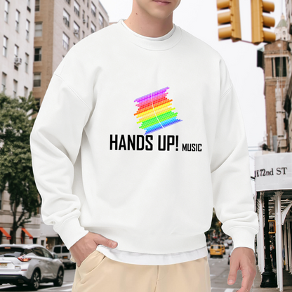 HANDS UP! MUSIC Crewneck Sweatshirt with Rainbow Pixel Music Note Graphic