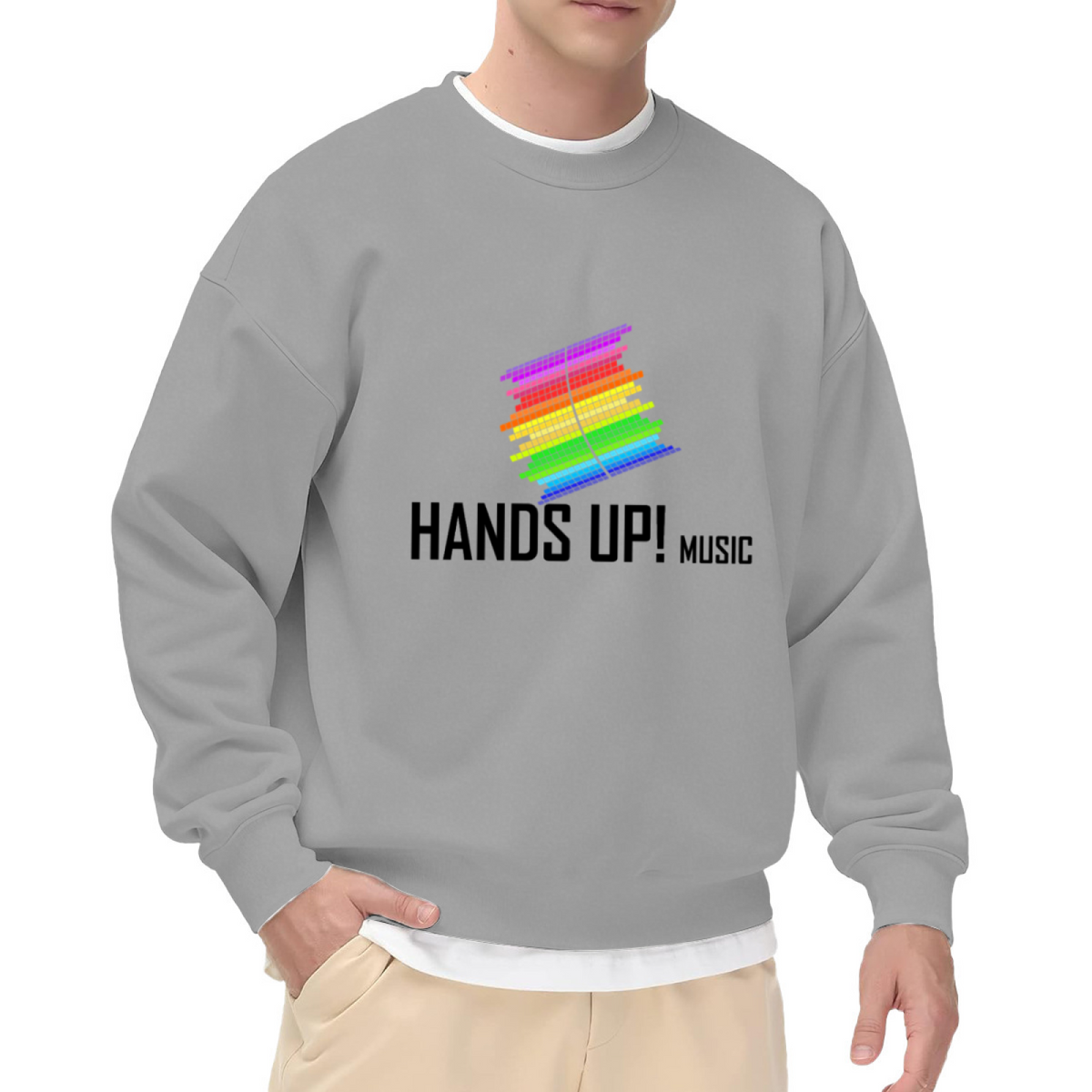 HANDS UP! MUSIC Crewneck Sweatshirt with Rainbow Pixel Music Note Graphic