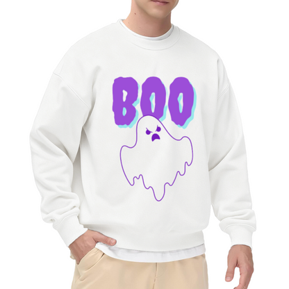BOO Grumpy Ghost Halloween Crewneck Sweatshirt | Spooky Cute Cartoon Ghost Graphic Pullover, Retro Glitch Text Holiday Top