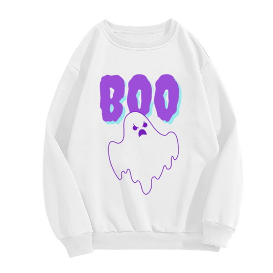 BOO Grumpy Ghost Halloween Crewneck Sweatshirt | Spooky Cute Cartoon Ghost Graphic Pullover, Retro Glitch Text Holiday Top
