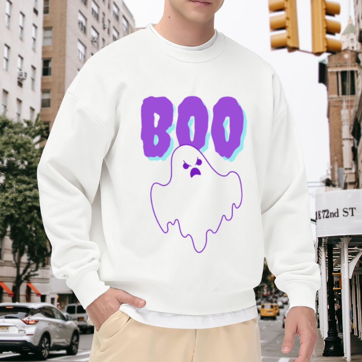 BOO Grumpy Ghost Halloween Crewneck Sweatshirt | Spooky Cute Cartoon Ghost Graphic Pullover, Retro Glitch Text Holiday Top
