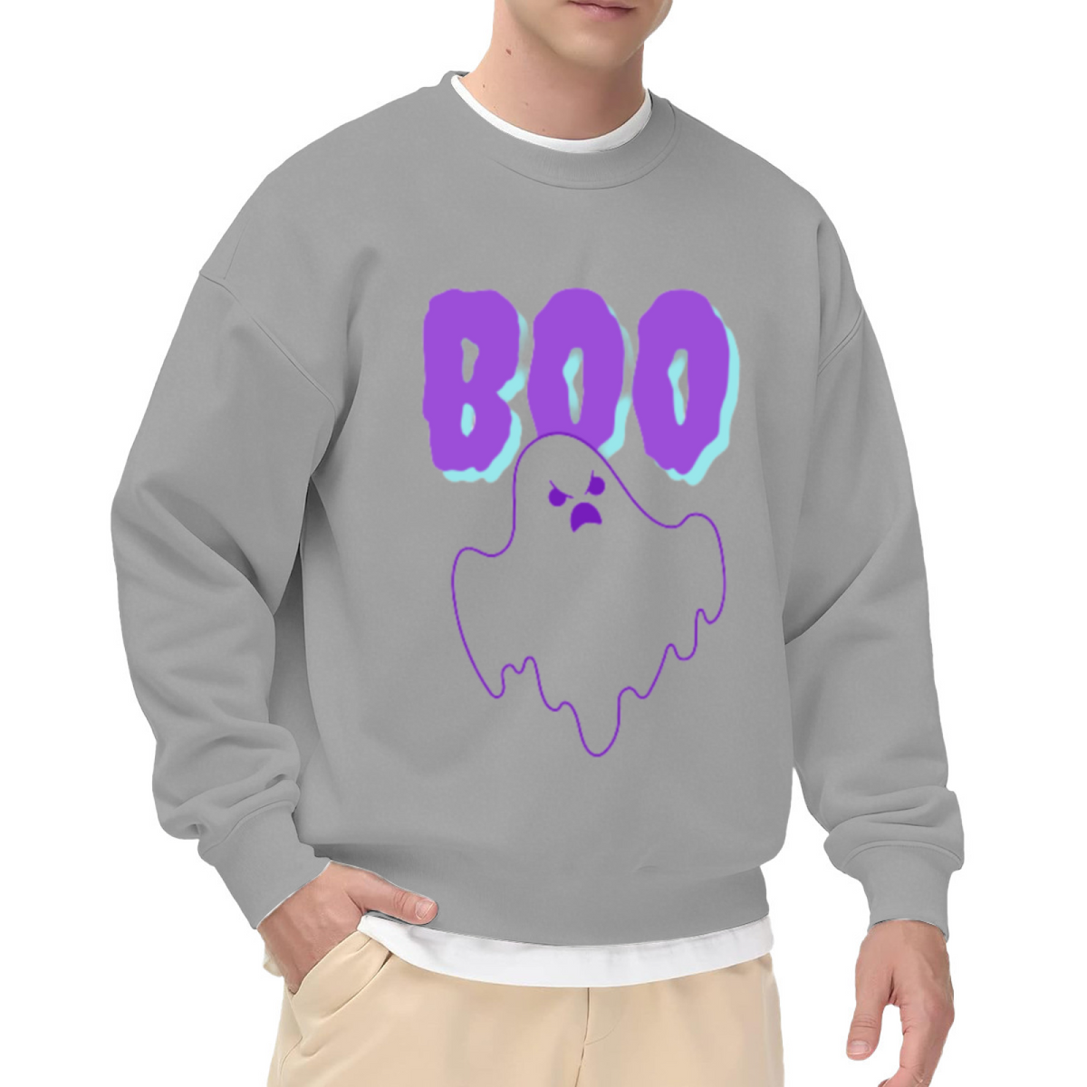 BOO Grumpy Ghost Halloween Crewneck Sweatshirt | Spooky Cute Cartoon Ghost Graphic Pullover, Retro Glitch Text Holiday Top