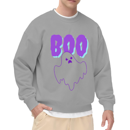 BOO Grumpy Ghost Halloween Crewneck Sweatshirt | Spooky Cute Cartoon Ghost Graphic Pullover, Retro Glitch Text Holiday Top