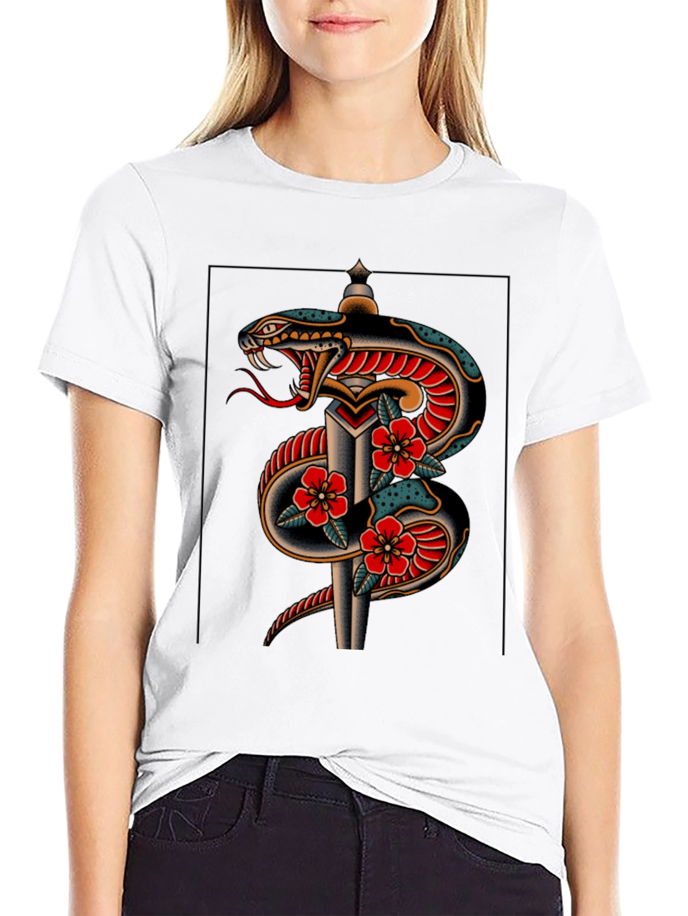 Snake & Dagger Graphic Print Black Tee