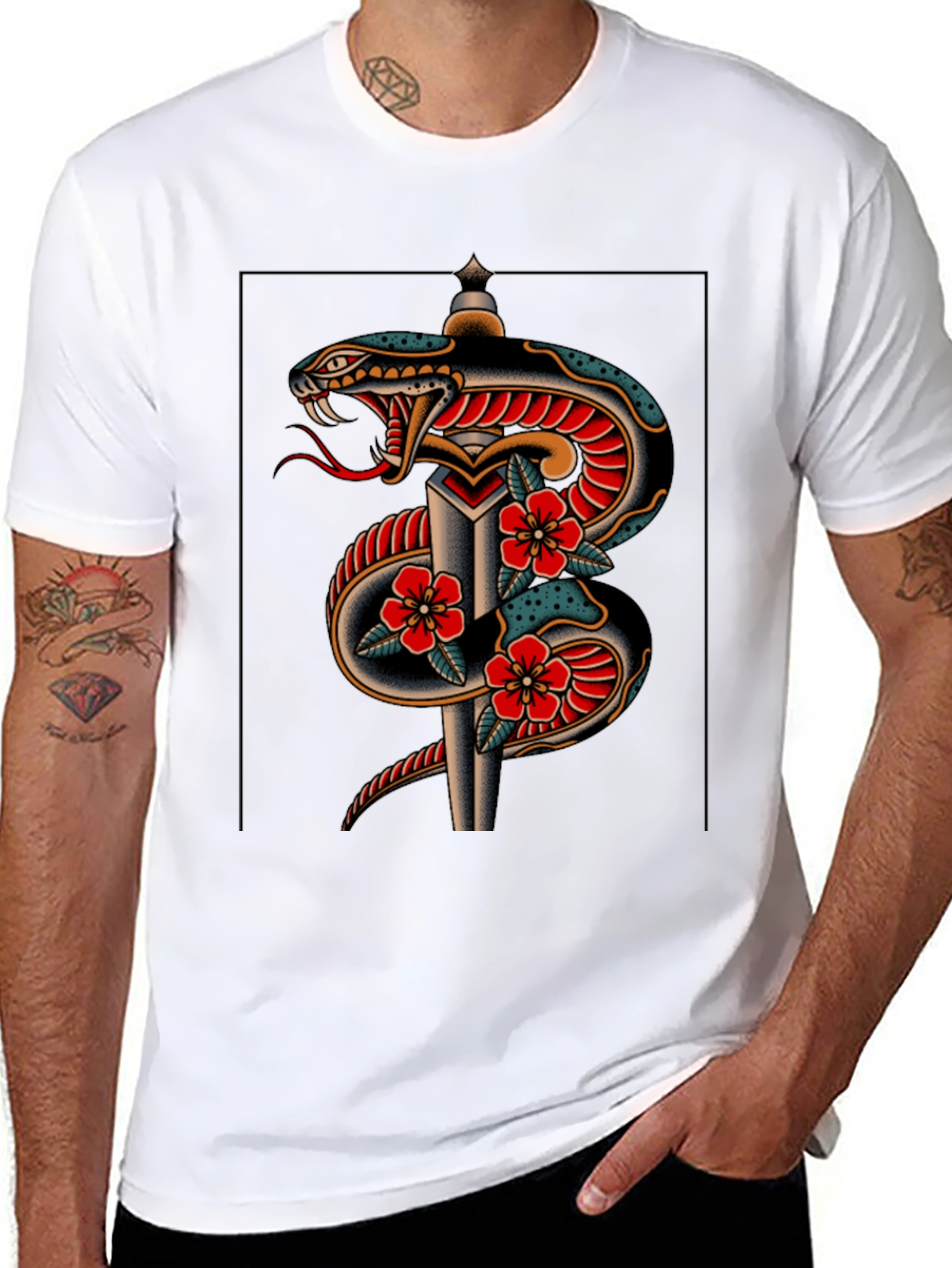 Snake & Dagger Graphic Print Black Tee