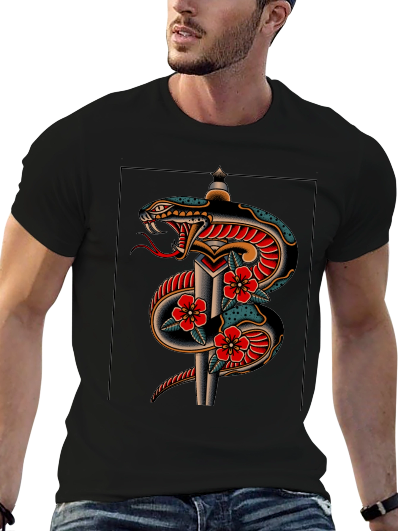 Snake & Dagger Graphic Print Black Tee