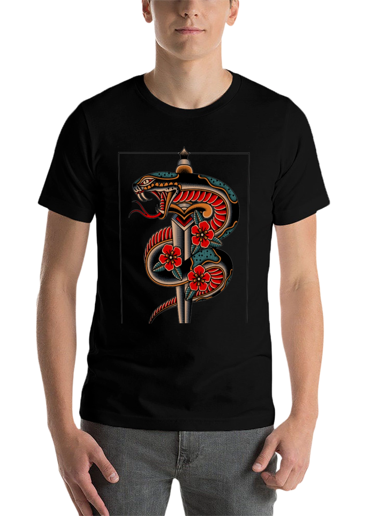 Snake & Dagger Graphic Print Black Tee