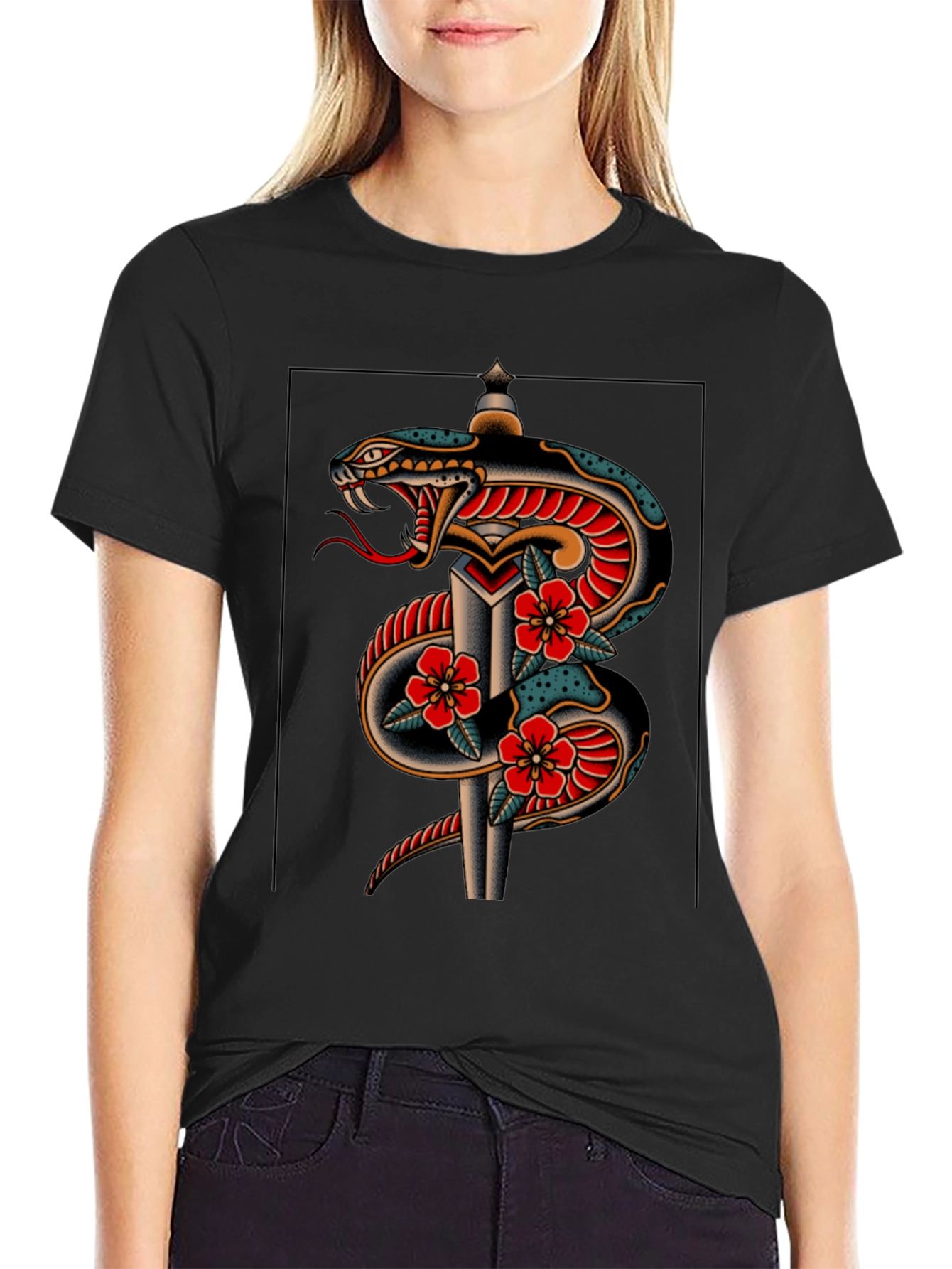 Snake & Dagger Graphic Print Black Tee