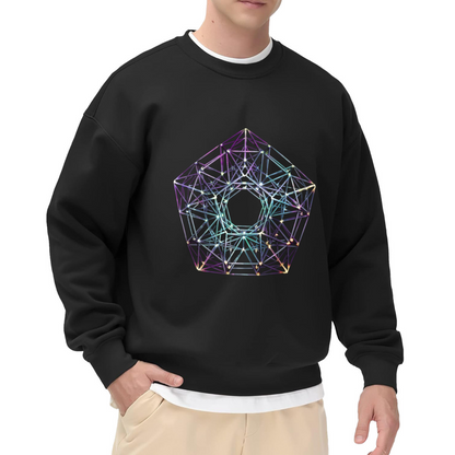 Holographic Wireframe Polyhedron Geometric Crewneck Sweatshirt | Iridescent 3D Crystal Line Art Pullover, Futuristic Sci-Fi Abstract Gift