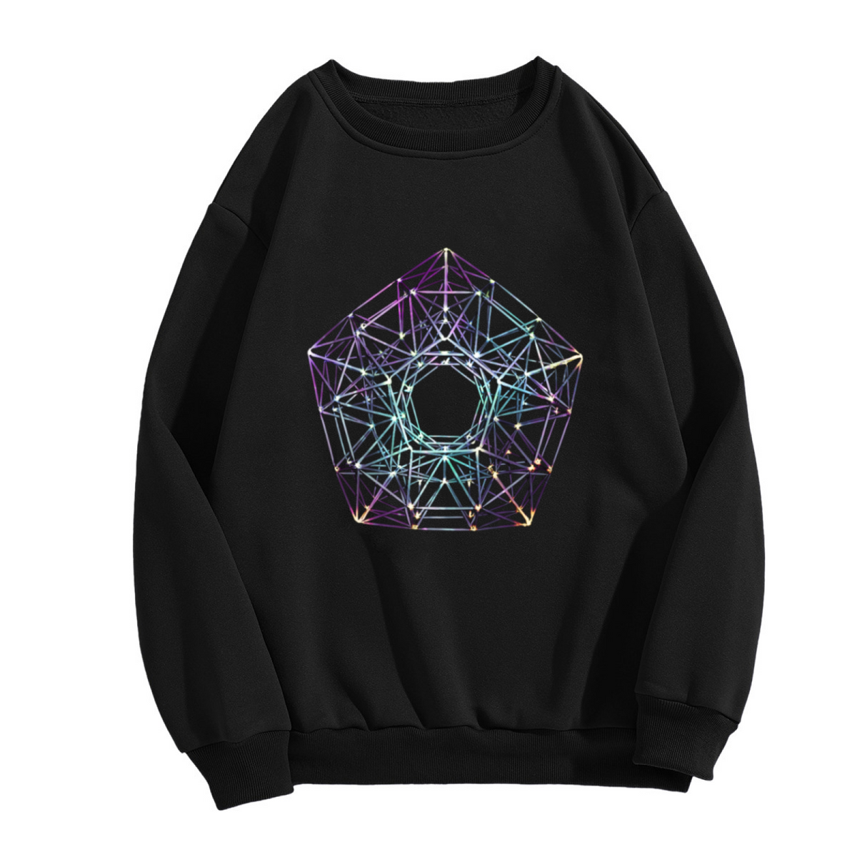 Holographic Wireframe Polyhedron Geometric Crewneck Sweatshirt | Iridescent 3D Crystal Line Art Pullover, Futuristic Sci-Fi Abstract Gift