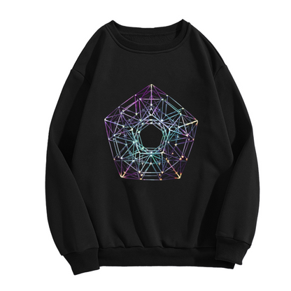 Holographic Wireframe Polyhedron Geometric Crewneck Sweatshirt | Iridescent 3D Crystal Line Art Pullover, Futuristic Sci-Fi Abstract Gift