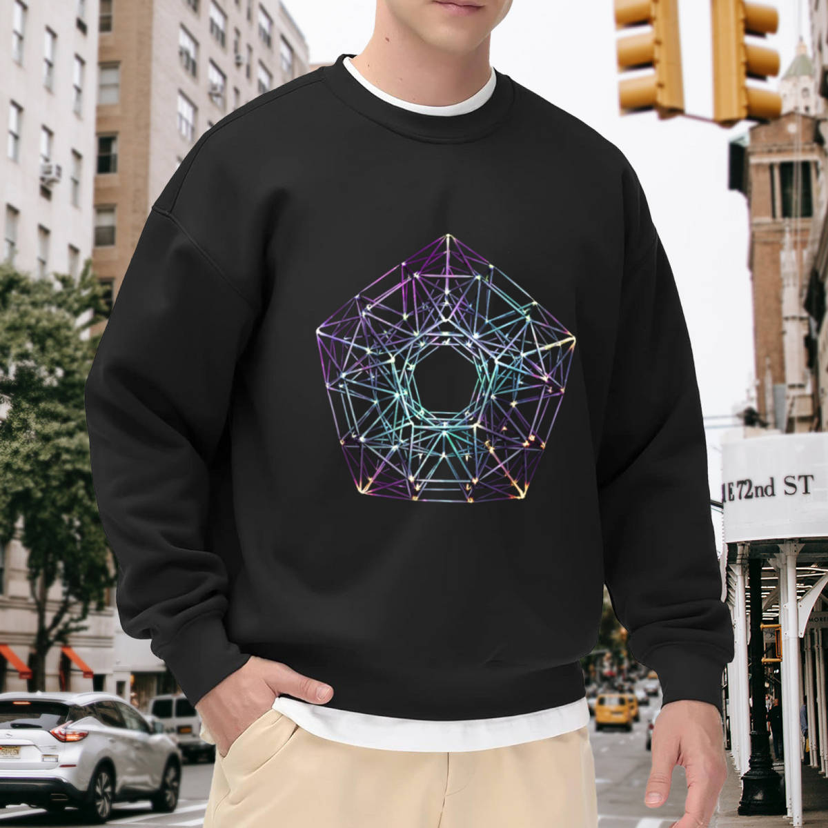 Holographic Wireframe Polyhedron Geometric Crewneck Sweatshirt | Iridescent 3D Crystal Line Art Pullover, Futuristic Sci-Fi Abstract Gift