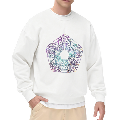 Holographic Wireframe Polyhedron Geometric Crewneck Sweatshirt | Iridescent 3D Crystal Line Art Pullover, Futuristic Sci-Fi Abstract Gift