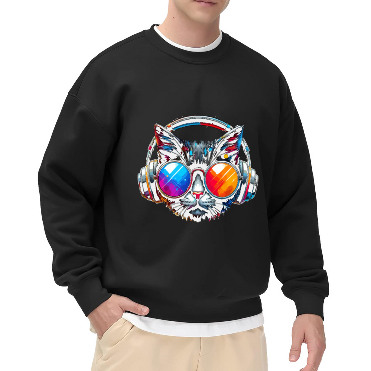 Cool Cat Headphones Sunglasses Art Crewneck Sweatshirt | Vibrant Paint Splash Cat Graphic Pullover, Music Cat Lover Gift