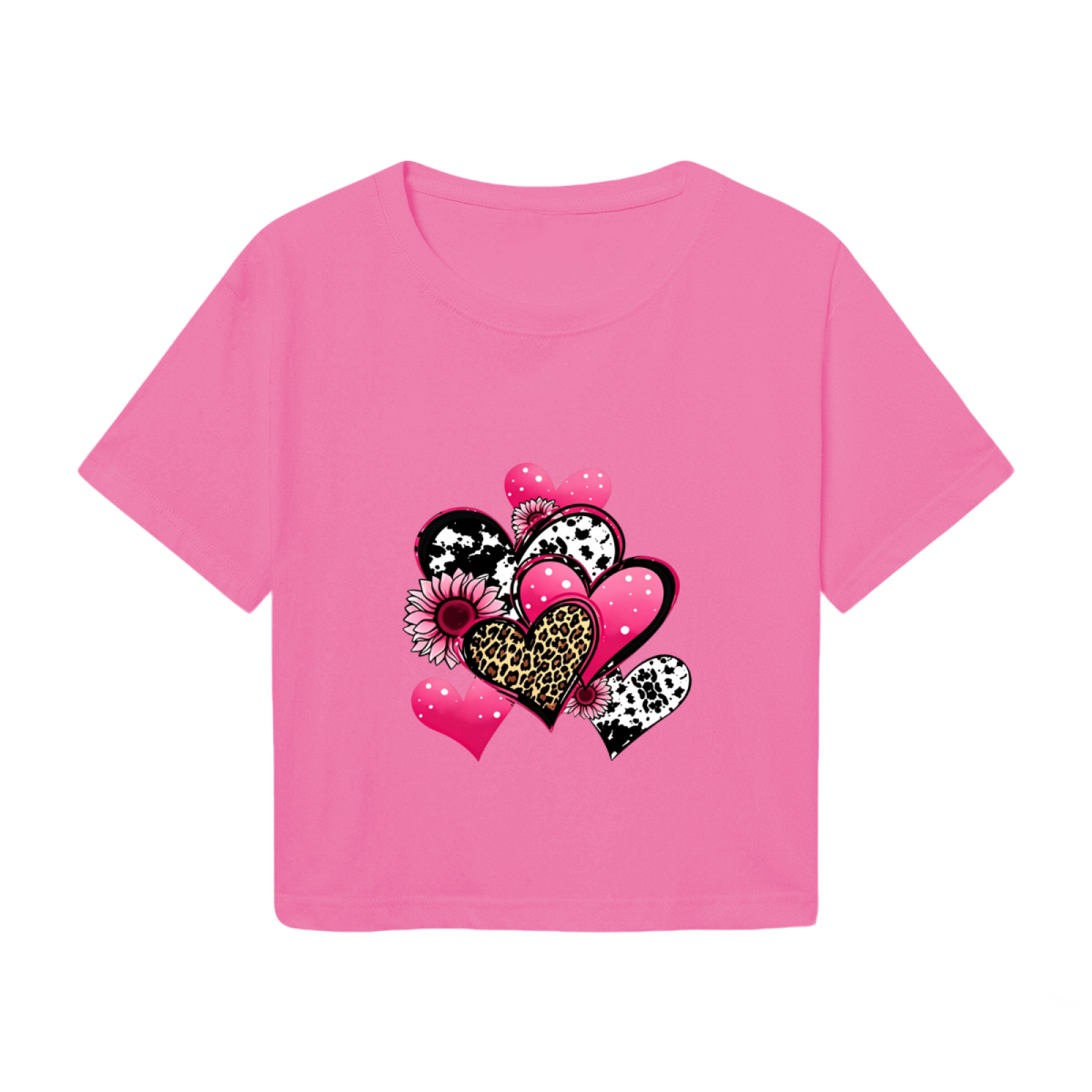 Leopard Print Mixed Hearts Hot Pink Crop Tee ¨C Y2K Fun Girly Graphic Shirt