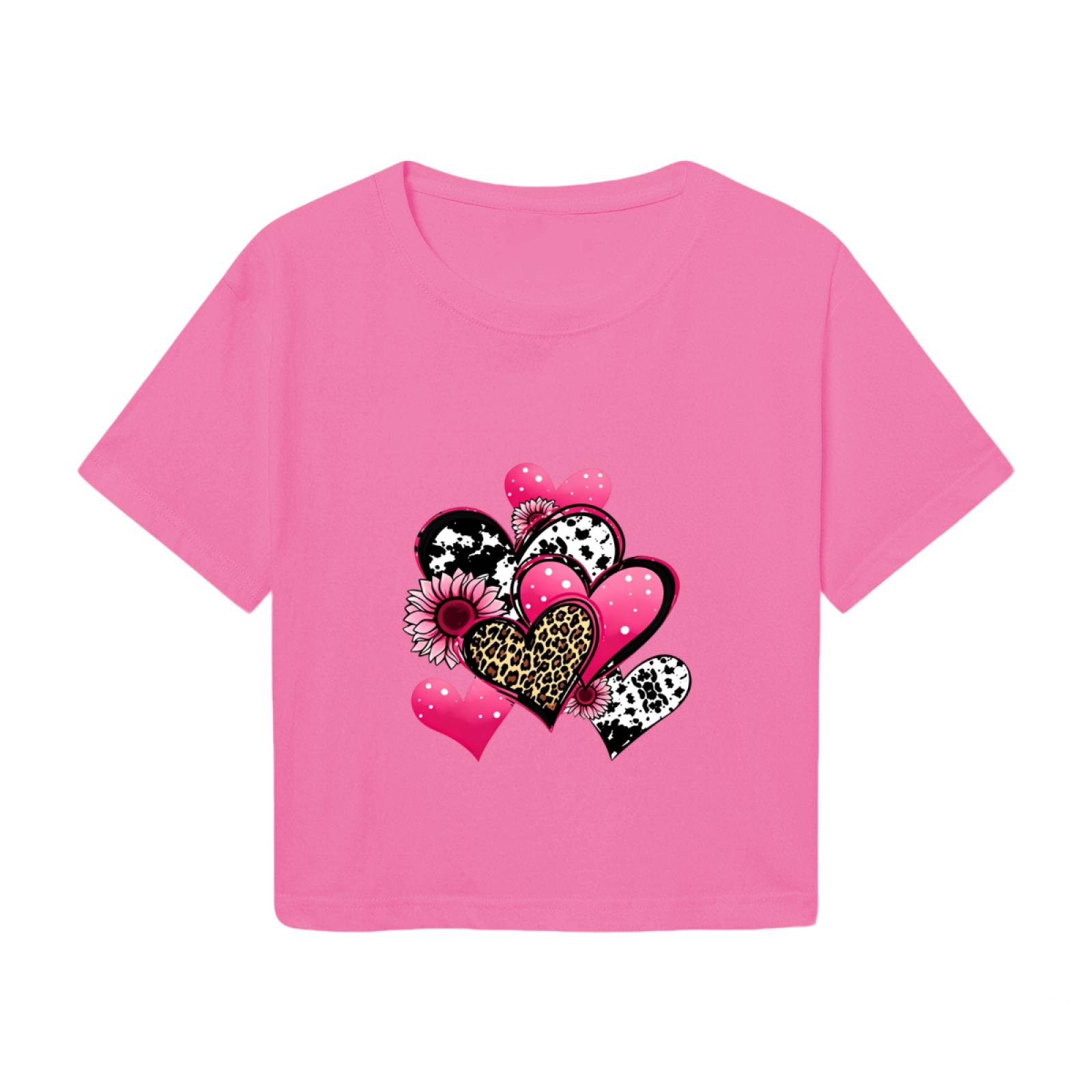 Leopard Print Mixed Hearts Hot Pink Crop Tee ¨C Y2K Fun Girly Graphic Shirt