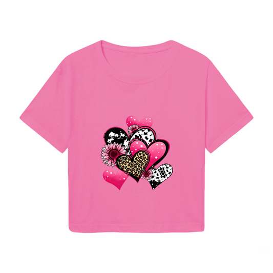 Leopard Print Mixed Hearts Hot Pink Crop Tee ¨C Y2K Fun Girly Graphic Shirt