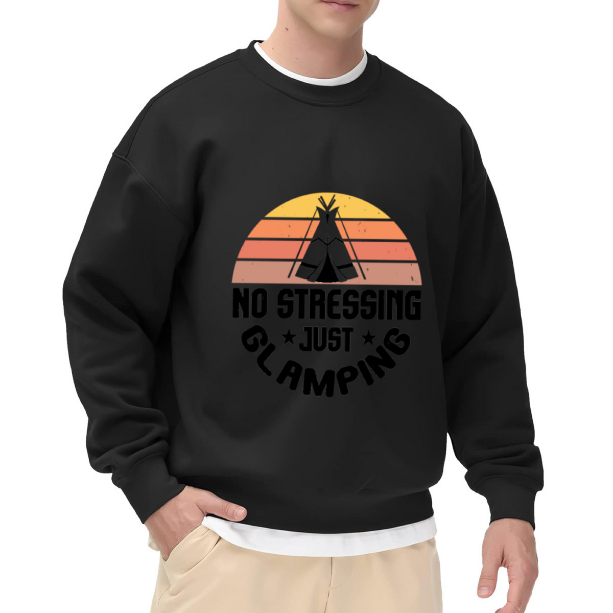 No Stressing Just Glamping Tipi Tent Crewneck Sweatshirt, Retro Sunset Camping Pullover, Outdoor Gift