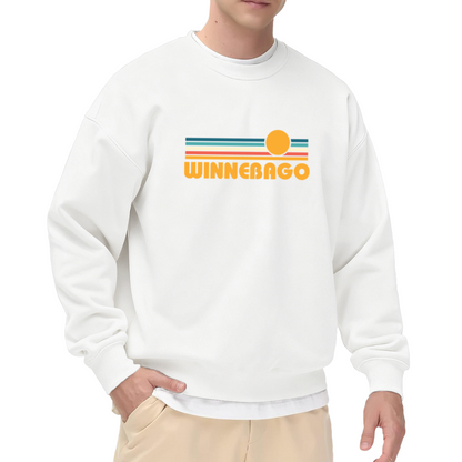 Winnebago Retro Sunset Stripes Crewneck Sweatshirt | Vintage Camper Lettering Pullover, 70s Road Trip Graphic Top, Camping Gift