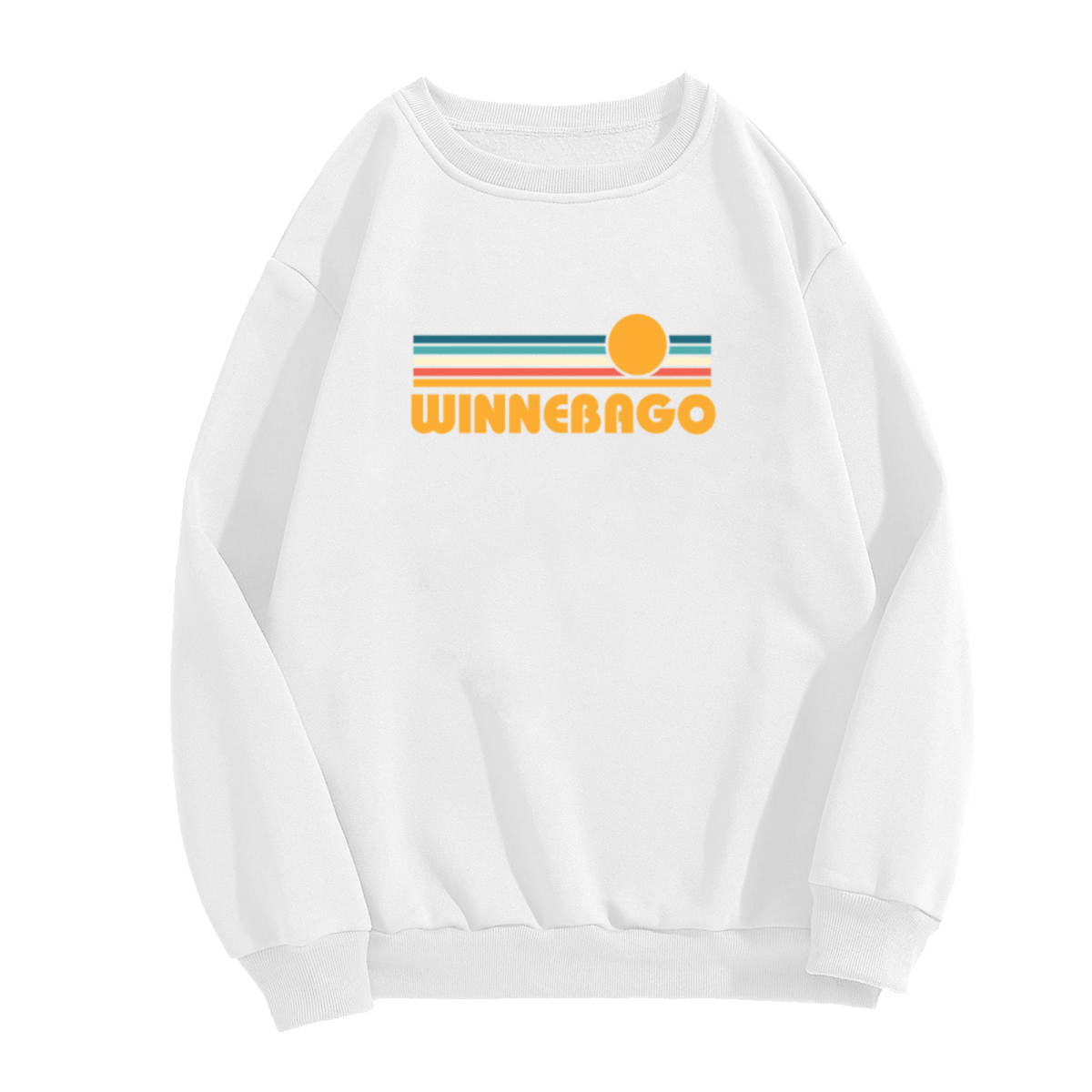 Winnebago Retro Sunset Stripes Crewneck Sweatshirt | Vintage Camper Lettering Pullover, 70s Road Trip Graphic Top, Camping Gift