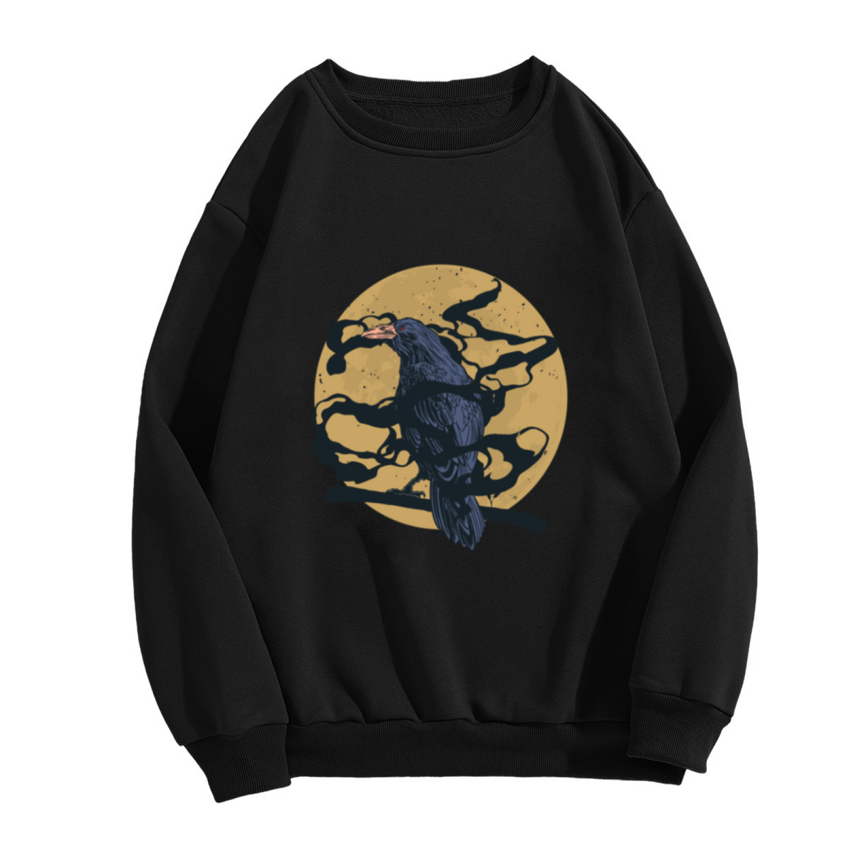 Raven Full Moon Crewneck Sweatshirt | Dark Vintage Bird Graphic Pullover, Gothic Nature Streetwear Top, Halloween Gift