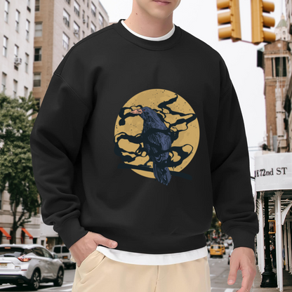 Raven Full Moon Crewneck Sweatshirt | Dark Vintage Bird Graphic Pullover, Gothic Nature Streetwear Top, Halloween Gift