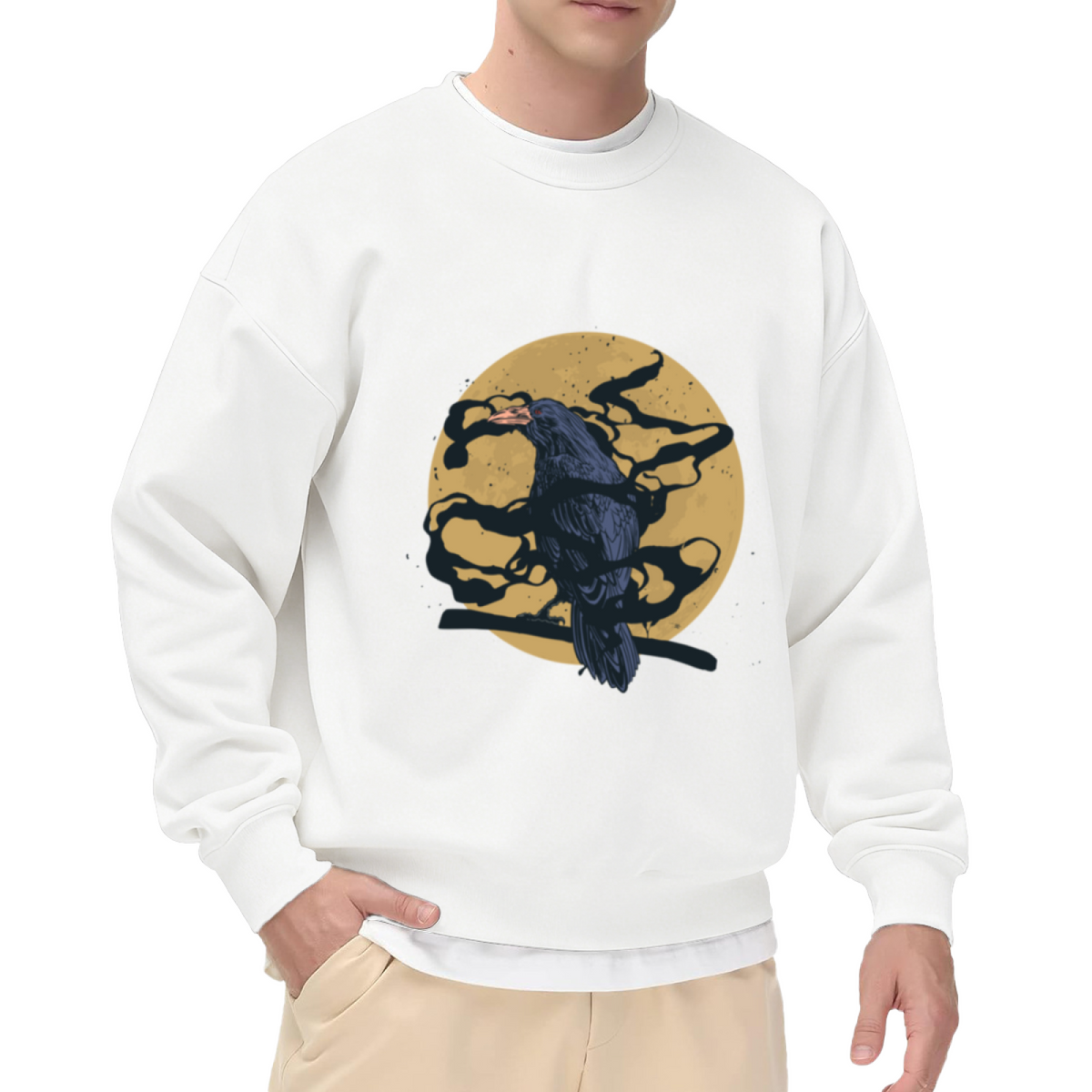 Raven Full Moon Crewneck Sweatshirt | Dark Vintage Bird Graphic Pullover, Gothic Nature Streetwear Top, Halloween Gift