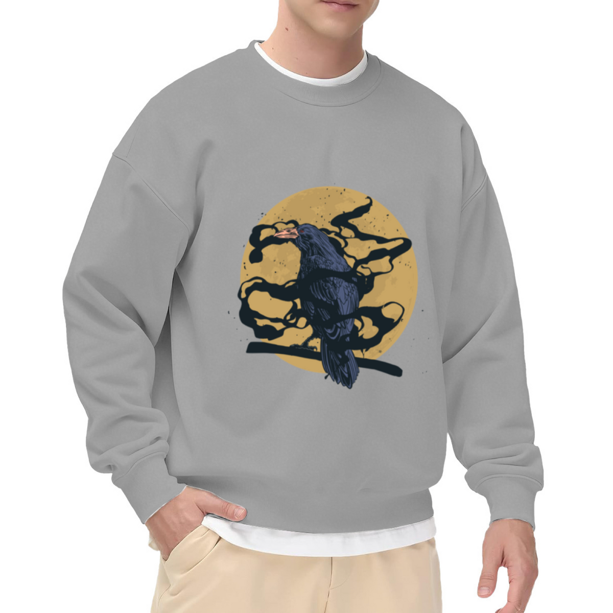 Raven Full Moon Crewneck Sweatshirt | Dark Vintage Bird Graphic Pullover, Gothic Nature Streetwear Top, Halloween Gift
