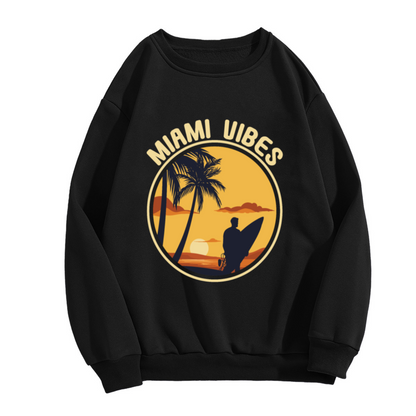 Miami Vibes Beach Sunset Crewneck Sweatshirt, Palm Tree Surfer Pullover, Tropical Vacation Gift