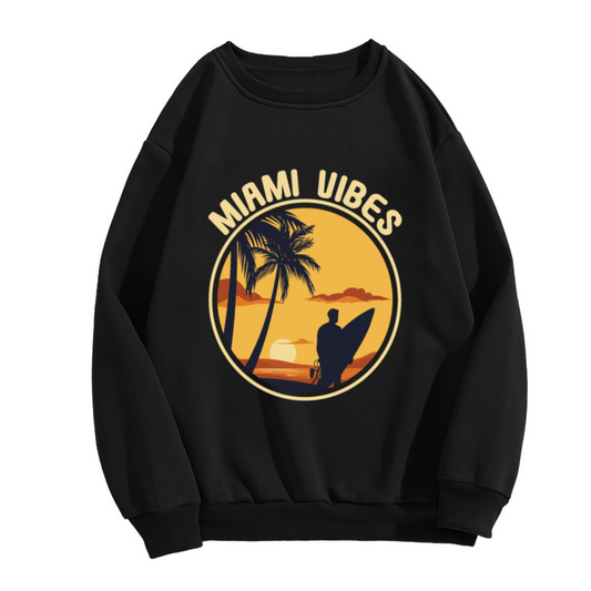 Miami Vibes Beach Sunset Crewneck Sweatshirt, Palm Tree Surfer Pullover, Tropical Vacation Gift