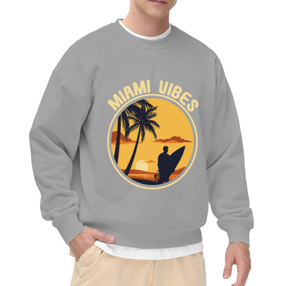Miami Vibes Beach Sunset Crewneck Sweatshirt, Palm Tree Surfer Pullover, Tropical Vacation Gift