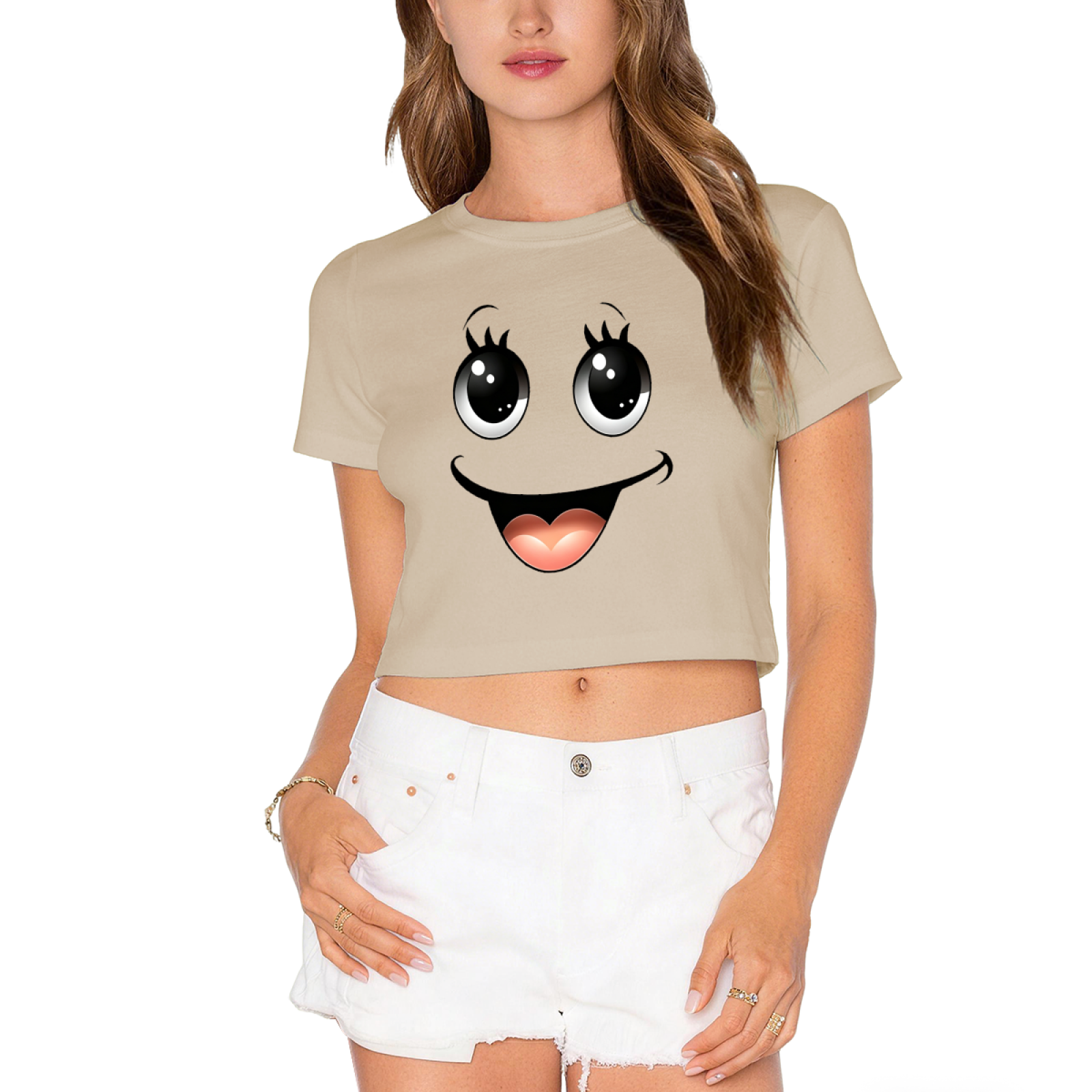 Kawaii Big Eyes Smiley Face Soft Girl Pink Crop Top