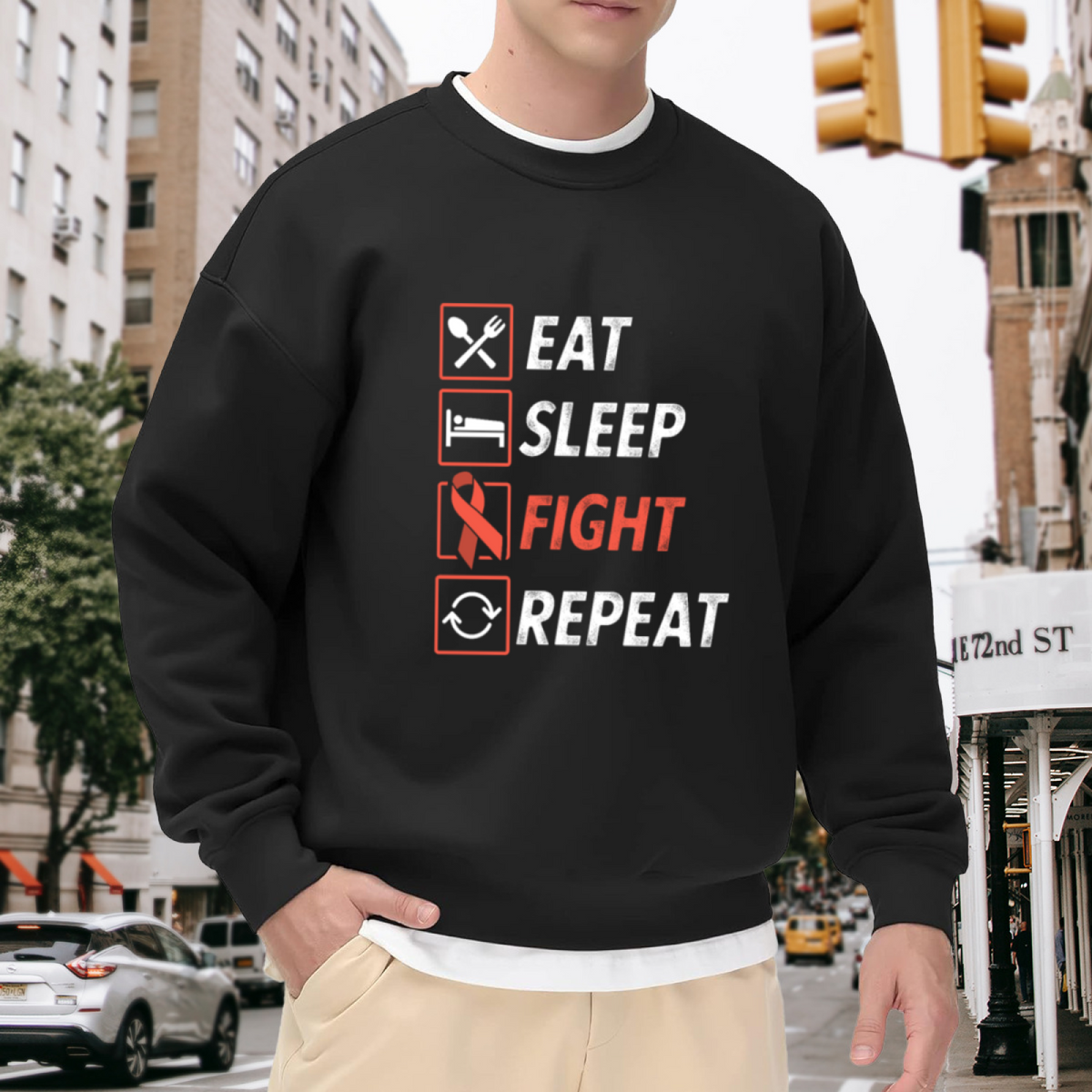 Eat Sleep Fight Repeat Crewneck Sweatshirt Red Ribbon Fighter Awareness Graphic