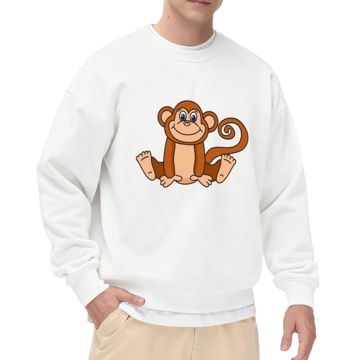 Cute Cartoon Monkey Crewneck Sweatshirt - Adorable Ape Graphic Pullover, Jungle Animal Lover Gift, Playful Primate Top