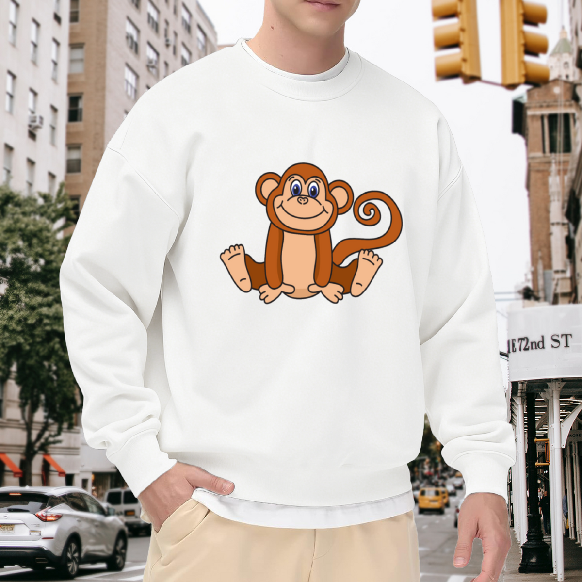 Cute Cartoon Monkey Crewneck Sweatshirt - Adorable Ape Graphic Pullover, Jungle Animal Lover Gift, Playful Primate Top