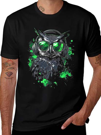 Cool Owl in Headphones Graphic Tee - Black