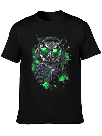 Cool Owl in Headphones Graphic Tee - Black