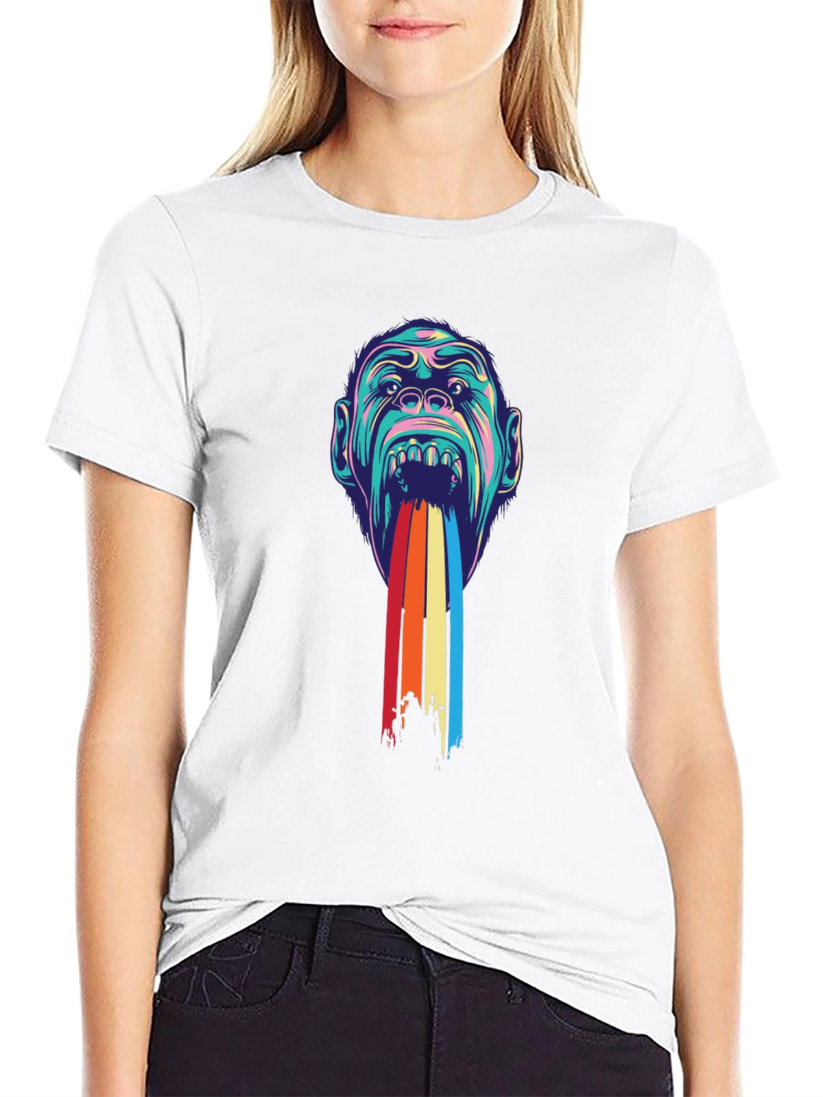 Psychedelic Monkey Rainbow Puke Graphic Tee - Black