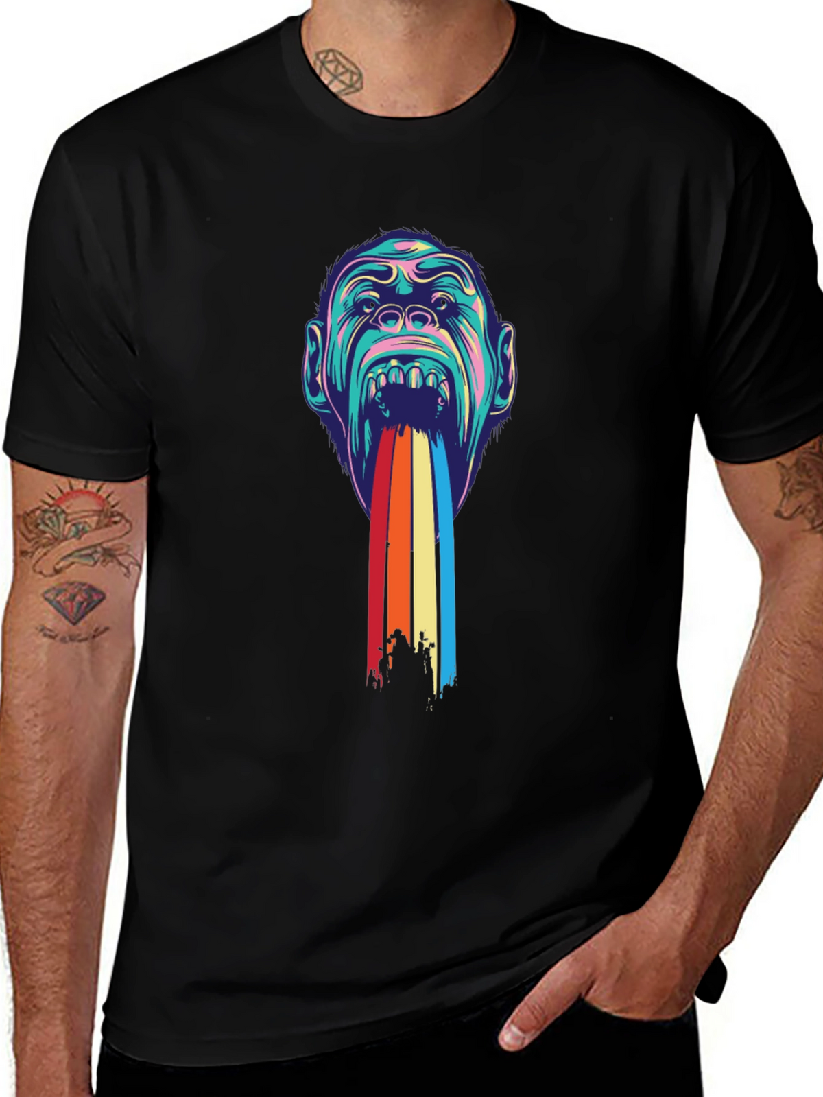 Psychedelic Monkey Rainbow Puke Graphic Tee - Black