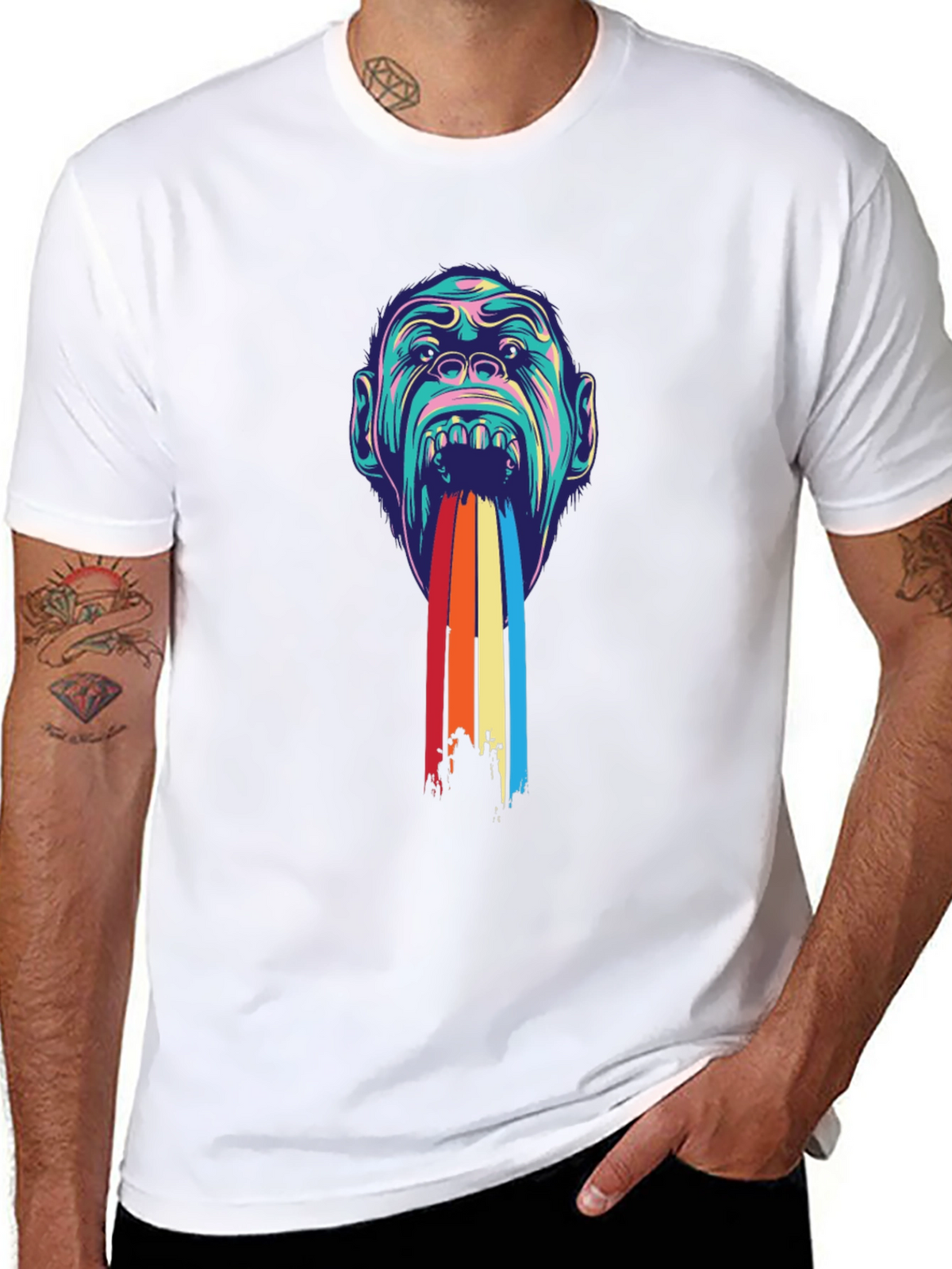 Psychedelic Monkey Rainbow Puke Graphic Tee - Black