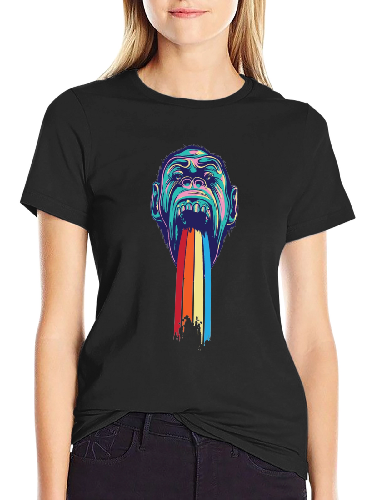 Psychedelic Monkey Rainbow Puke Graphic Tee - Black