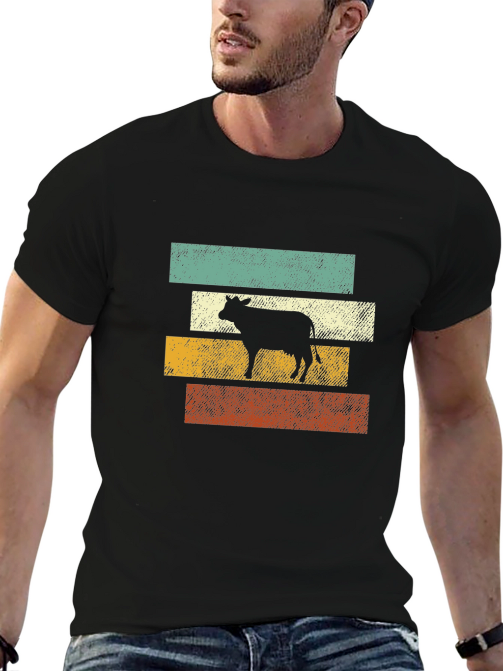 Retro Cow Graphic Tee - Black Cotton T-Shirt