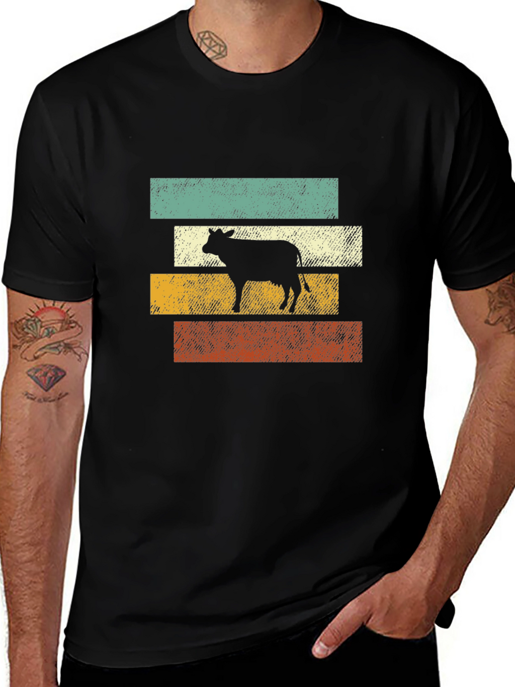 Retro Cow Graphic Tee - Black Cotton T-Shirt
