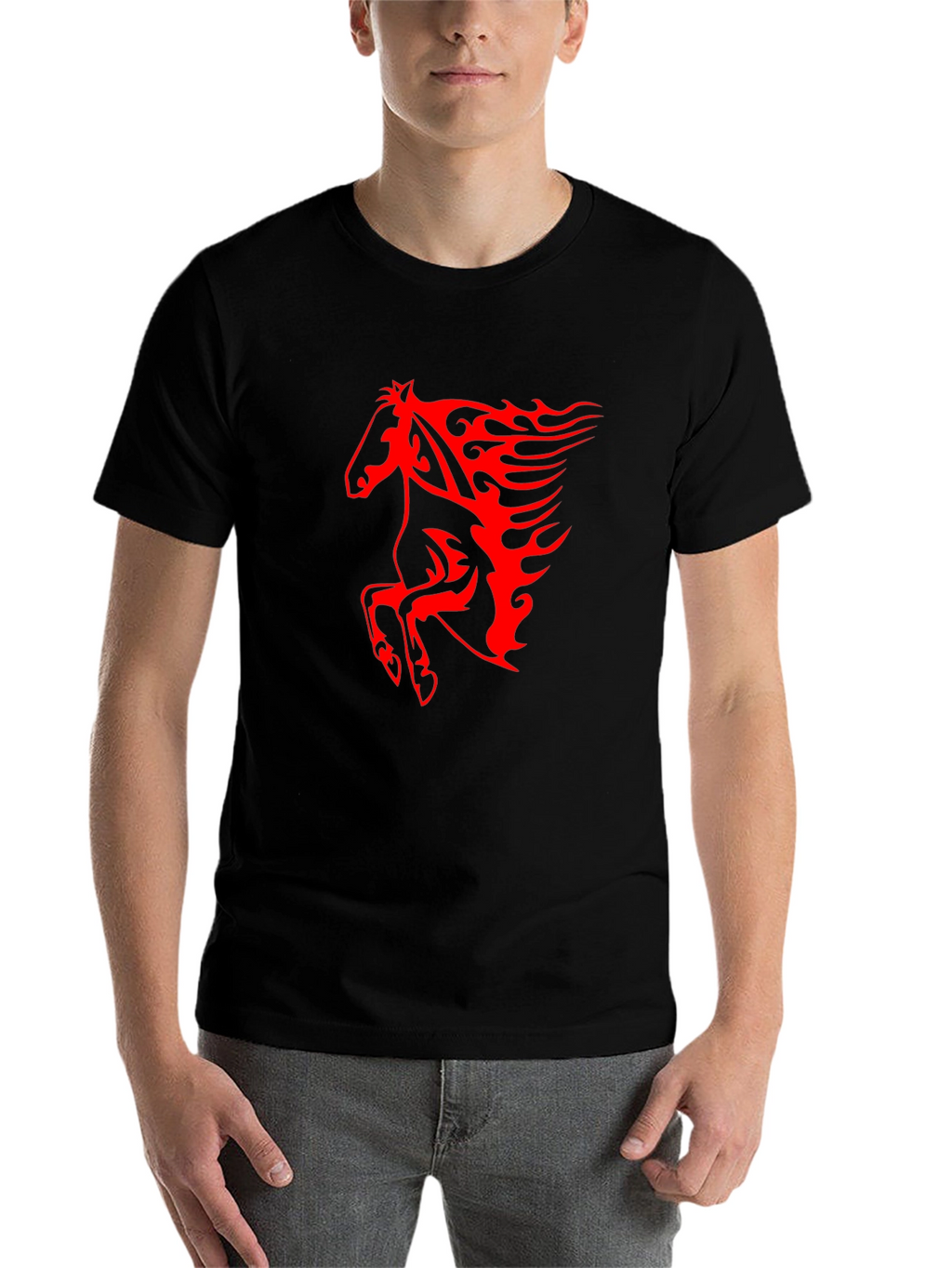 Mens Black T-Shirt with Fiery Red Horse Graphic