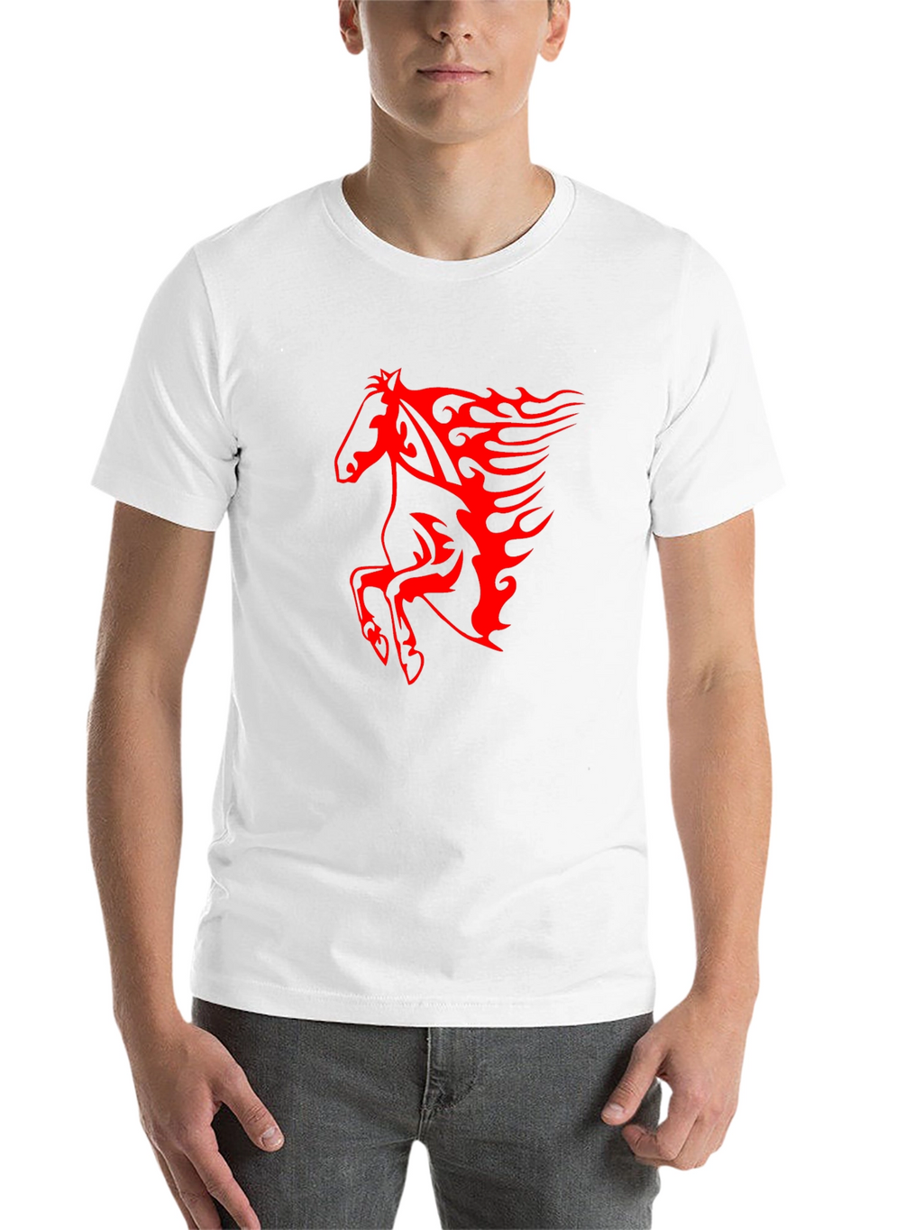 Mens Black T-Shirt with Fiery Red Horse Graphic