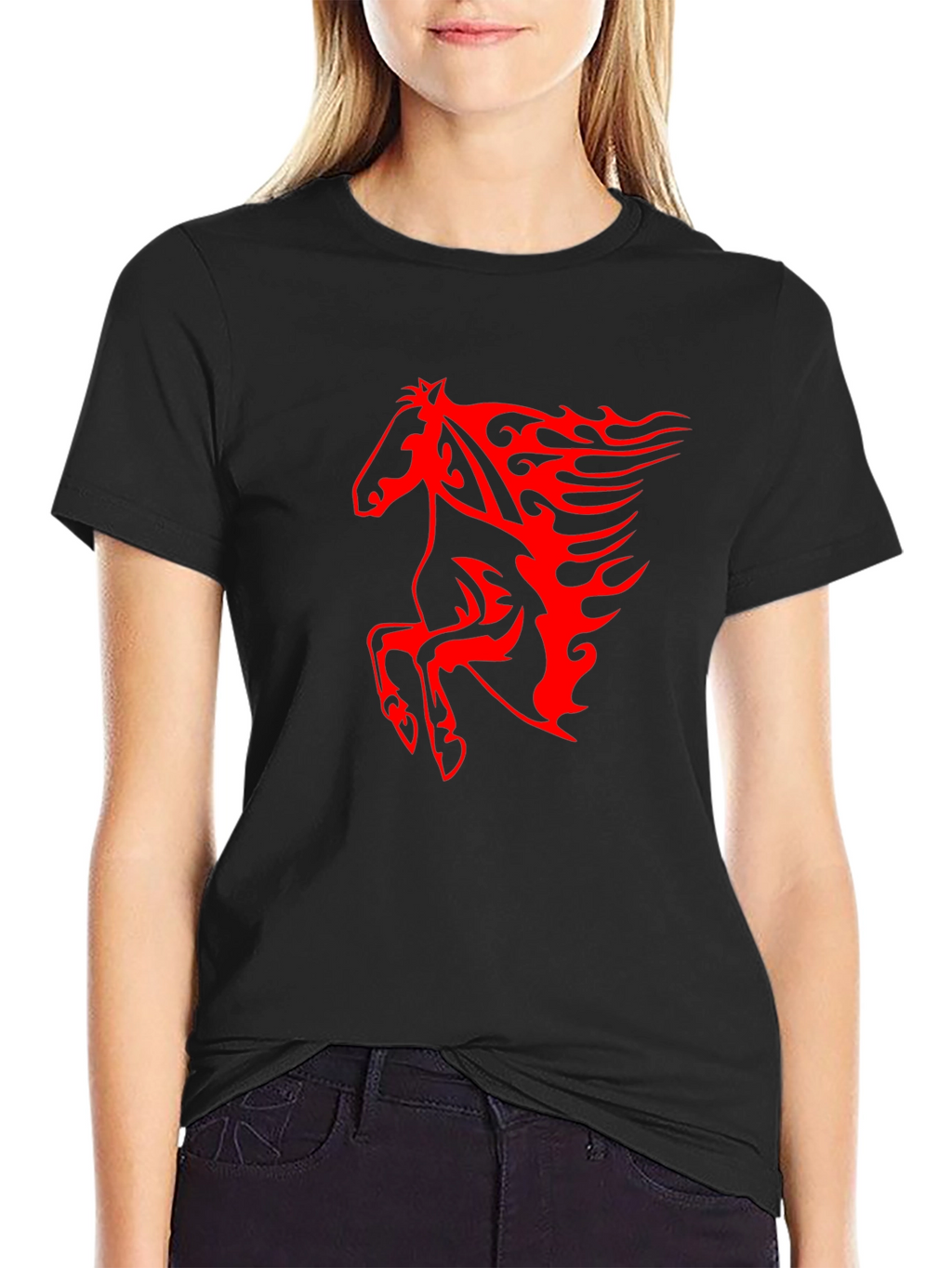 Mens Black T-Shirt with Fiery Red Horse Graphic
