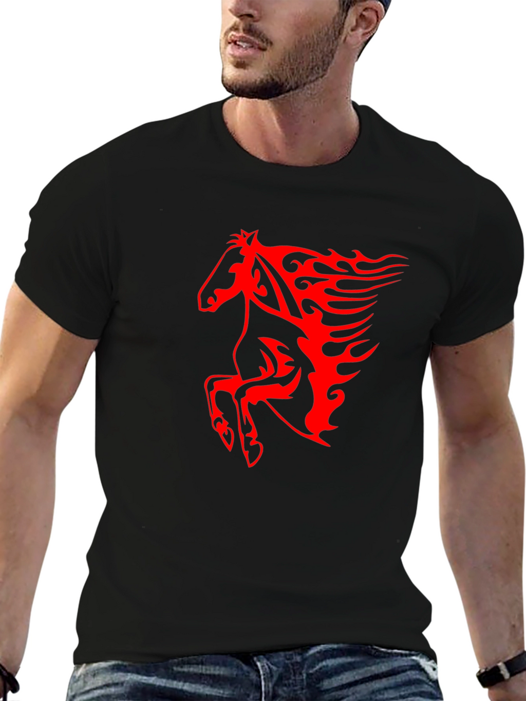 Mens Black T-Shirt with Fiery Red Horse Graphic