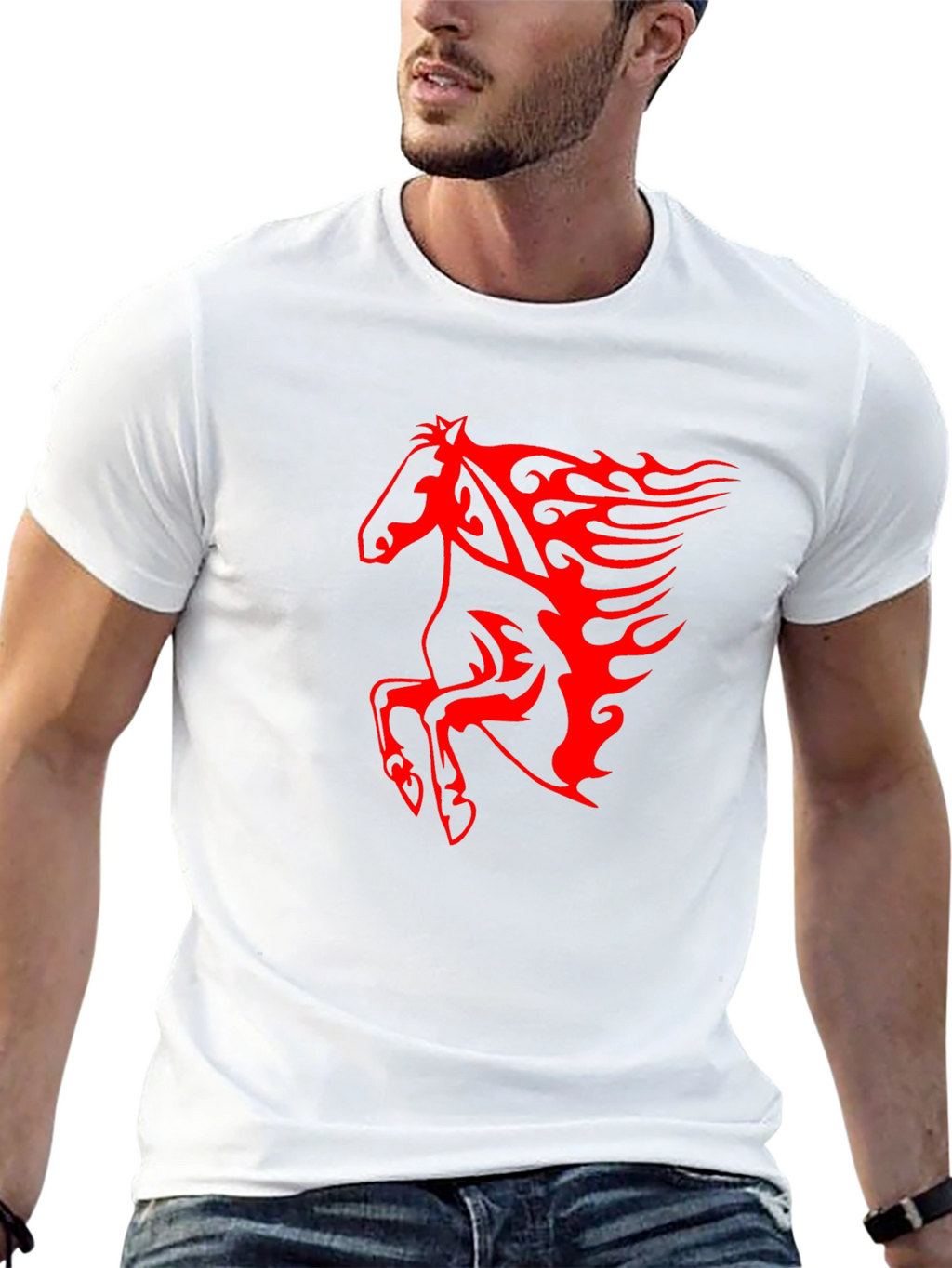 Mens Black T-Shirt with Fiery Red Horse Graphic